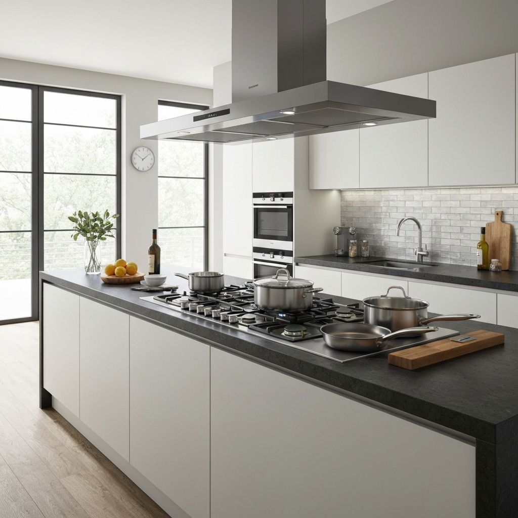 Modern kitchen with BergHOFF cookware on downdraft ventilation system